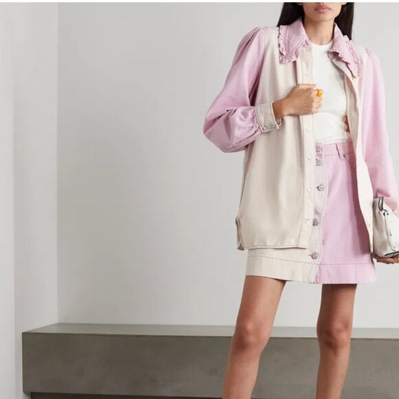 Ganni Ruffled Two-Tone Organic Denim Shirt - Picture 1 of 12